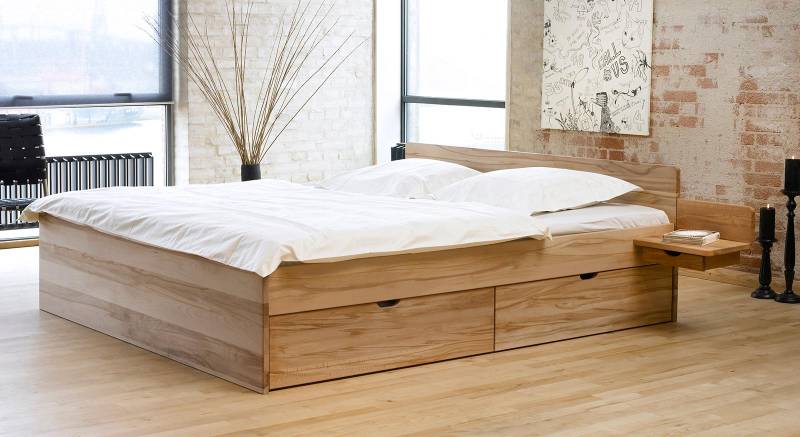 Bett mit Bettkasten - 160x200 cm - Kernbuche natur - Schubkastenbett Norwegen