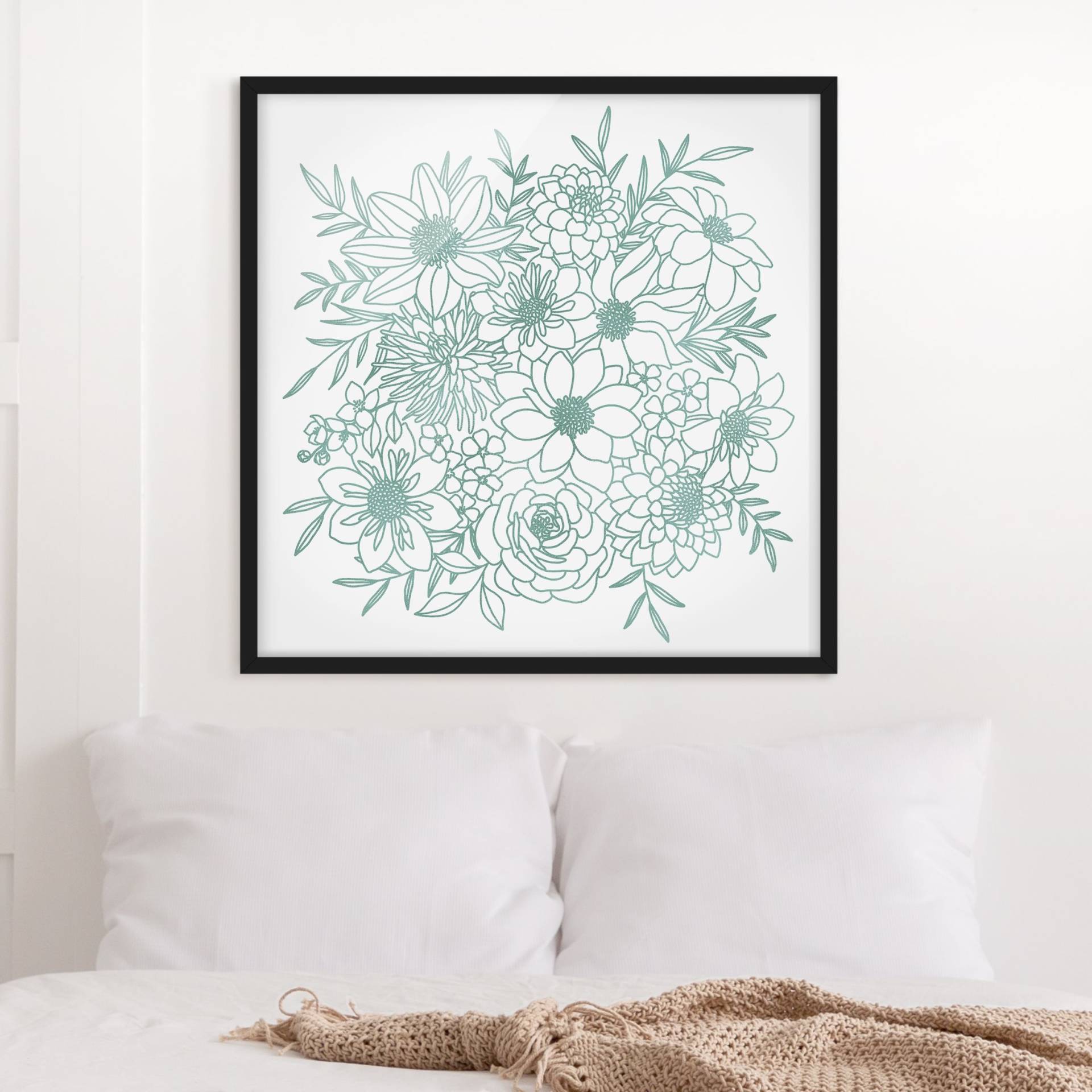 Bild mit Rahmen Lineart Blumen in Metallic Grün