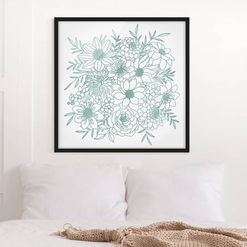 Bild mit Rahmen Lineart Blumen in Metallic Grün