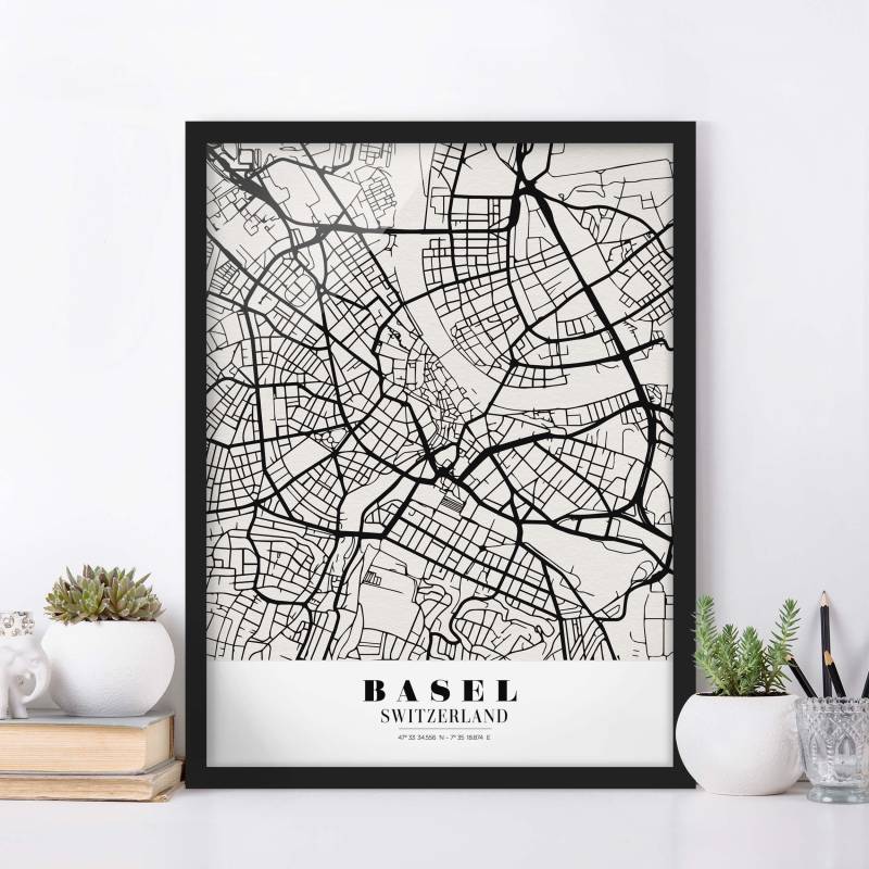Bild mit Rahmen - Hochformat Stadtplan Basel - Klassik