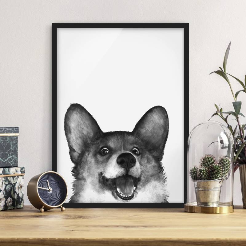 Bild mit Rahmen - Hochformat Illustration Hund Corgi Weiß Schwarz Malerei