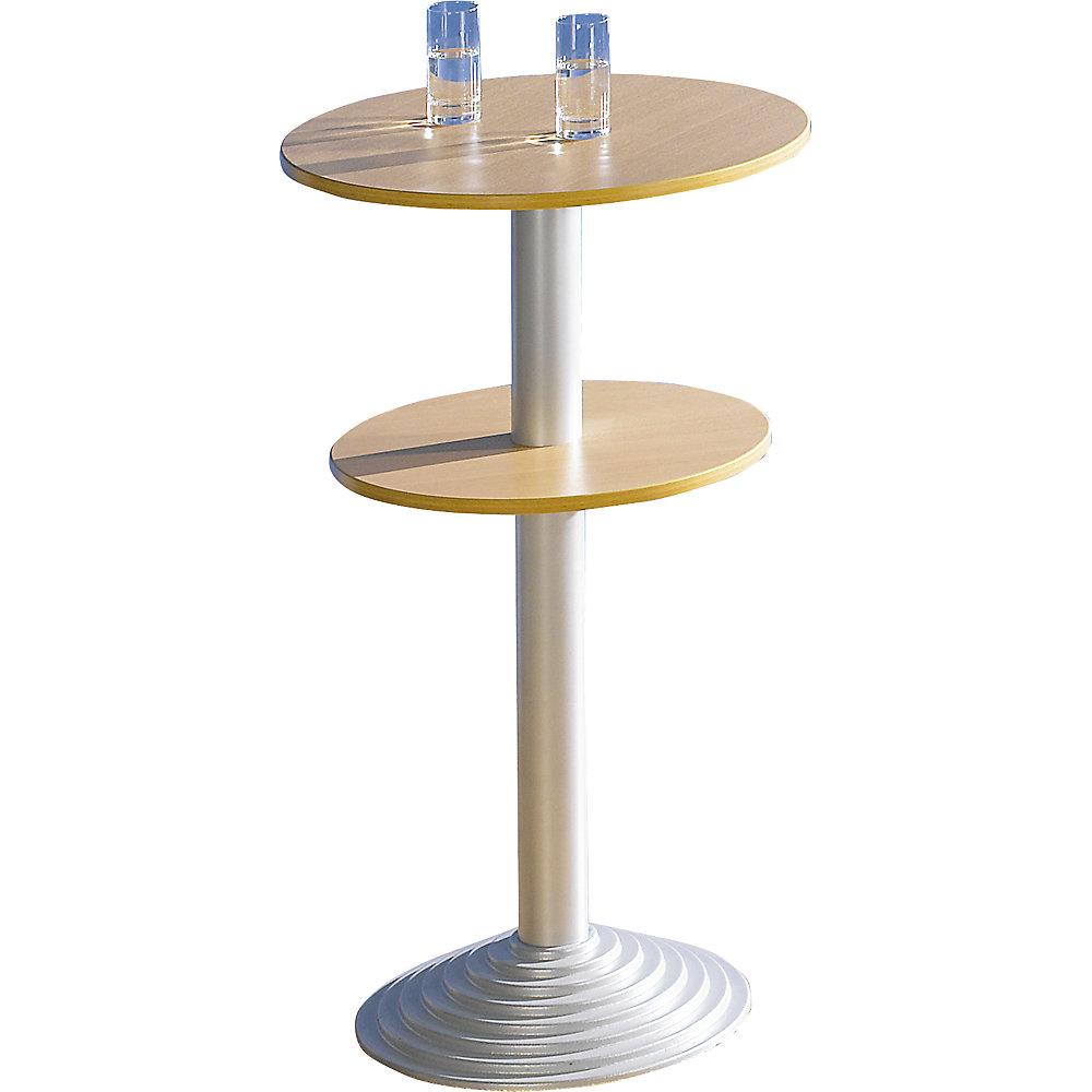 Bistrotisch mit Gusseisenfuß, 2 Tischplatten, Abstand 30 cm, Buche-Dekor, Säule alufarben