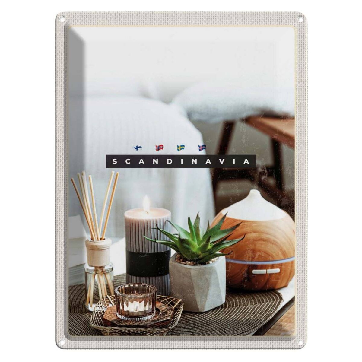 Blechschild 40x30 cm Urlaub Skandinawien Kerze Pflanze Tischdecke Blechschild 40x30 cm Urlaub Skandinawien Kerze Pflanze Tischdecke