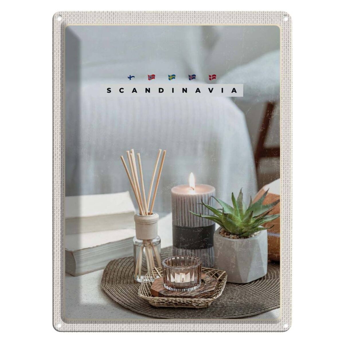 Blechschild 40x30 cm Urlaub Skandinawien Kerze Vase Tischdecke Blechschild 40x30 cm Urlaub Skandinawien Kerze Vase Tischdecke