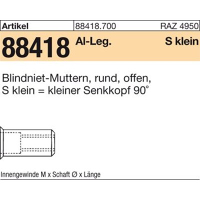 Blindniet-Muttern ART 88481 Alu-Leg. Senkkopf klein M5 / 0,5 - 3,0 S Blindniet-Muttern ART 88481 Alu-Leg. Senkkopf klein M5 / 0,5 - 3,0 S von Nobrand