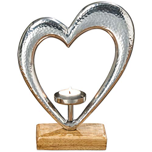 Boltze Teelichthalter Herz Kerzen-Halter Holz Metall Silber 26cm