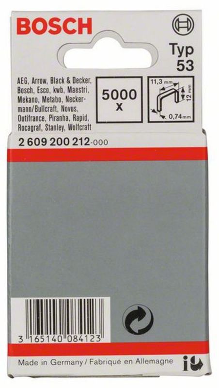 Bosch Feindrahtklammer Typ 53, 11,4 x 0,74 x 12 mm, 5000er-Pack 2609200212 von BOSCH-Zubehör