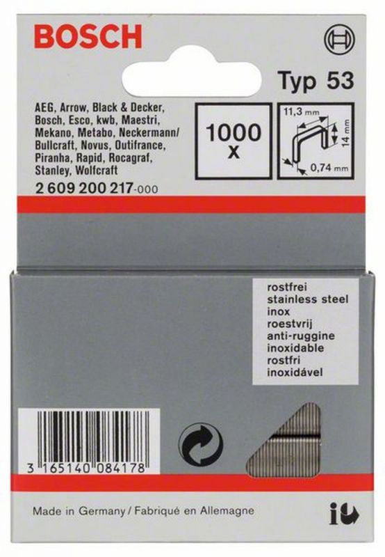 Bosch Feindrahtklammer Typ 53, 11,4 x 0,74 x 14 mm, 1000er-Pack, rostfrei 2609200217 von BOSCH-Zubehör