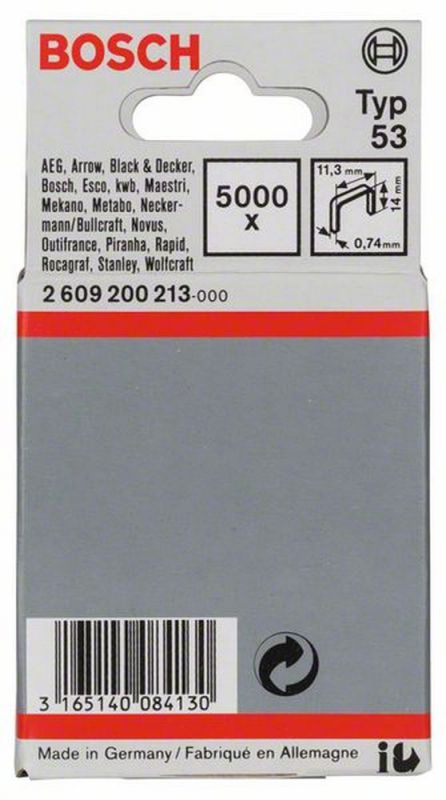 Bosch Feindrahtklammer Typ 53, 11,4 x 0,74 x 14 mm, 5000er-Pack 2609200213 von BOSCH-Zubehör