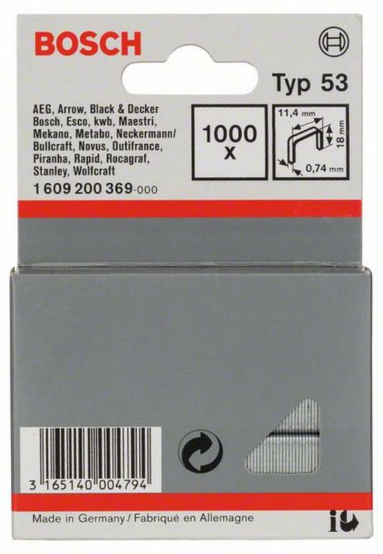 Bosch Feindrahtklammer Typ 53, 11,4 x 0,74 x 18 mm, 1000er-Pack 1609200369 von BOSCH-Zubehör