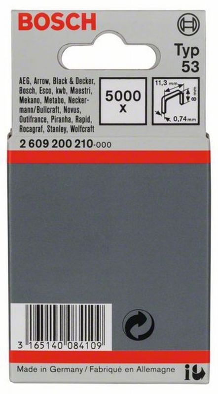 Bosch Feindrahtklammer Typ 53, 11,4 x 0,74 x 8 mm, 5000er-Pack 2609200210 von BOSCH-Zubehör