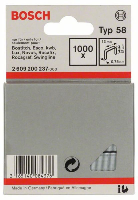 Bosch Feindrahtklammer Typ 58, 13 x 0,75 x 12 mm, 1000er-Pack 2609200237 von BOSCH-Zubehör