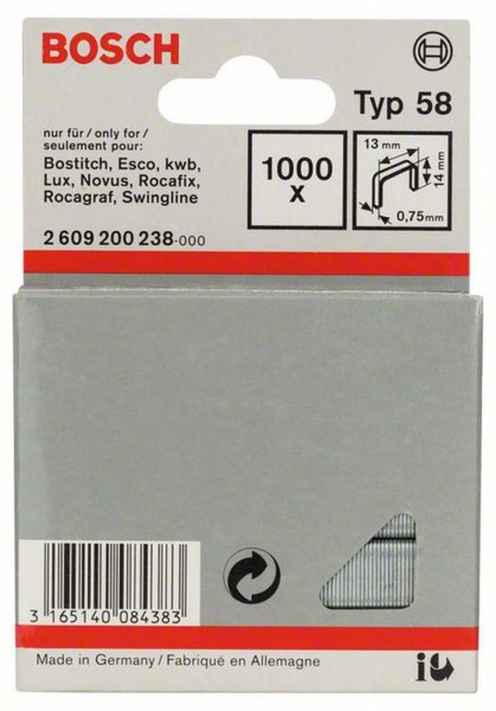 Bosch Feindrahtklammer Typ 58, 13 x 0,75 x 14 mm, 1000er-Pack 2609200238 von BOSCH-Zubehör