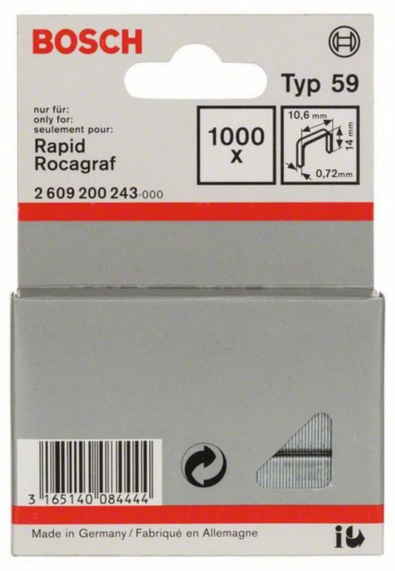 Bosch Feindrahtklammer Typ 59, 10,6 x 0,72 x 14 mm, 1000er-Pack 2609200243 von BOSCH-Zubehör