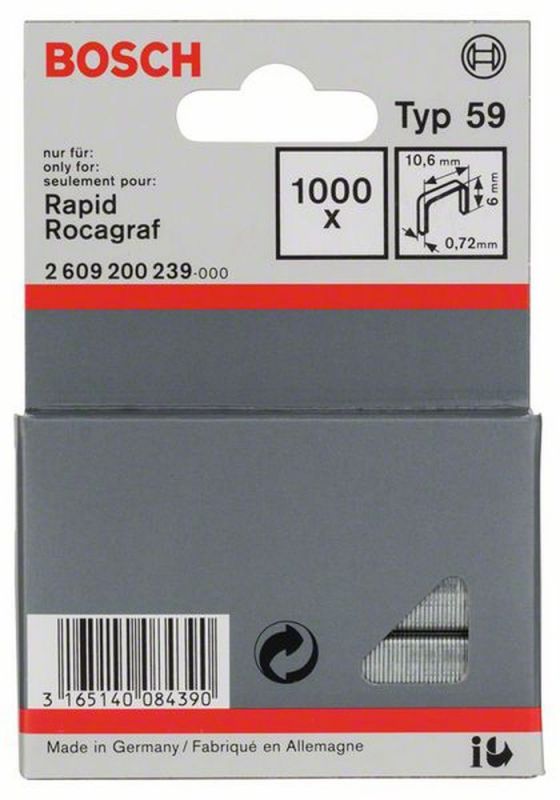 Bosch Feindrahtklammer Typ 59, 10,6 x 0,72 x 6 mm, 1000er-Pack 2609200239 von BOSCH-Zubehör