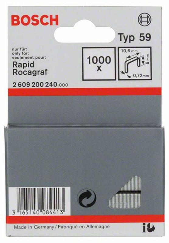 Bosch Feindrahtklammer Typ 59, 10,6 x 0,72 x 8 mm, 1000er-Pack 2609200240 von BOSCH-Zubehör