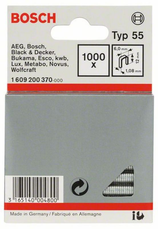 Bosch Schmalrückenklammer Typ 55, 6 x 1,08 x 12 mm, 1000er-Pack 1609200370 von BOSCH-Zubehör