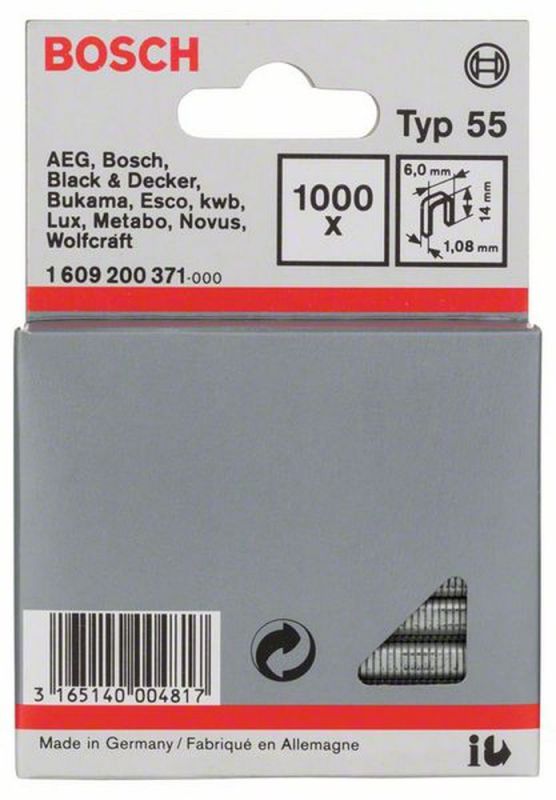 Bosch Schmalrückenklammer Typ 55, 6 x 1,08 x 14 mm, 1000er-Pack 1609200371 von BOSCH-Zubehör