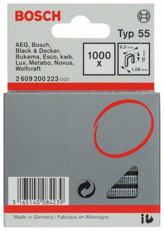 Bosch Schmalrückenklammer Typ 55, 6 x 1,08 x 18 mm, 1000er-Pack 2609200223 von BOSCH-Zubehör