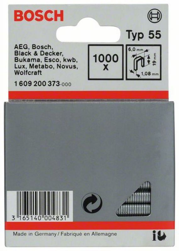 Bosch Schmalrückenklammer Typ 55, 6 x 1,08 x 19 mm, 1000er-Pack 1609200373 von BOSCH-Zubehör
