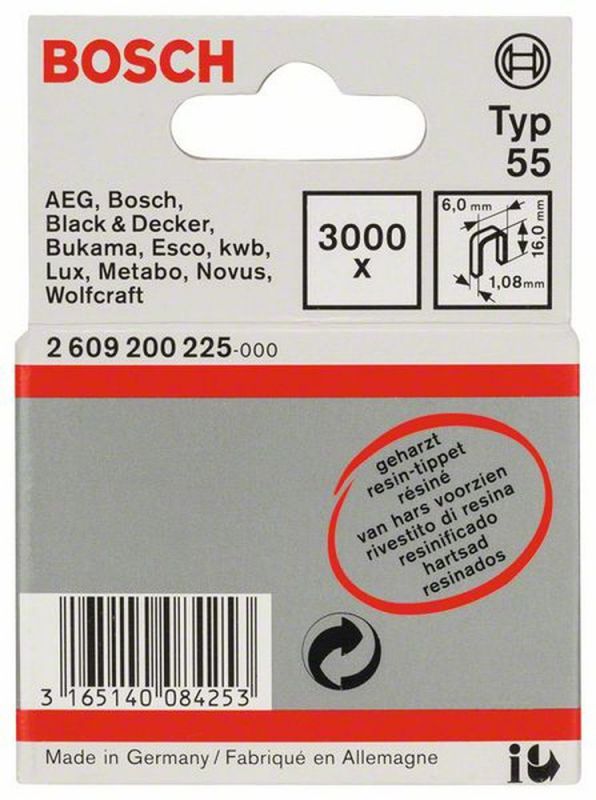 Bosch Schmalrückenklammer Typ 55, geharzt 6 x 1,08 x 16 mm, 3000er-Pack 2609200225 von BOSCH-Zubehör