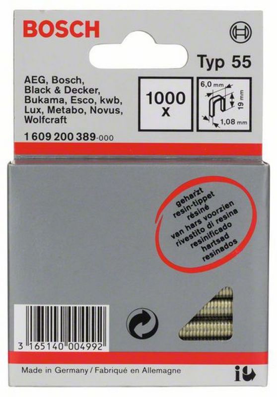 Bosch Schmalrückenklammer Typ 55, geharzt 6 x 1,08 x 19 mm, 1000er-Pack 1609200389 von BOSCH-Zubehör