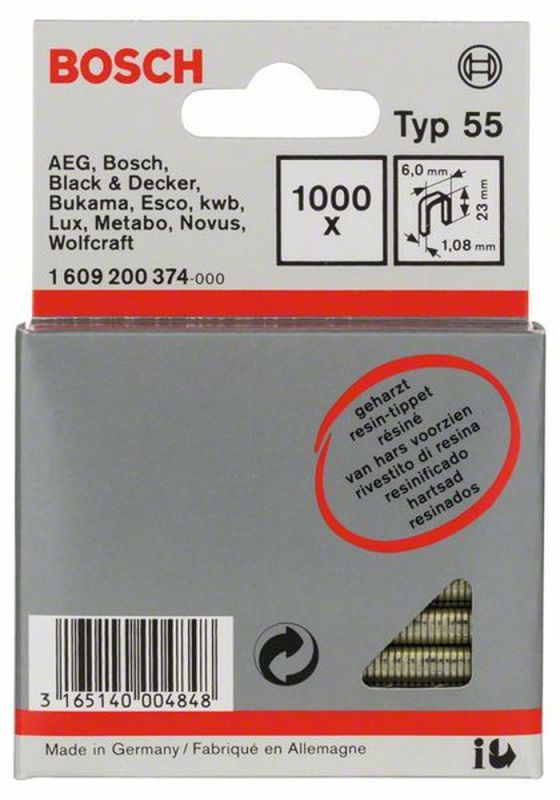 Bosch Schmalrückenklammer Typ 55, geharzt 6 x 1,08 x 23 mm, 1000er-Pack 1609200374 von BOSCH-Zubehör