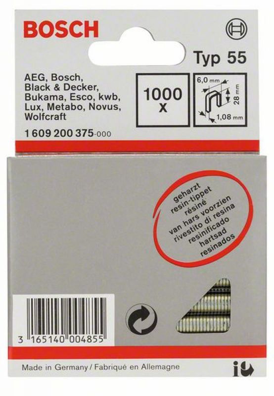 Bosch Schmalrückenklammer Typ 55, geharzt 6 x 1,08 x 28 mm, 1000er-Pack 1609200375 von BOSCH-Zubehör