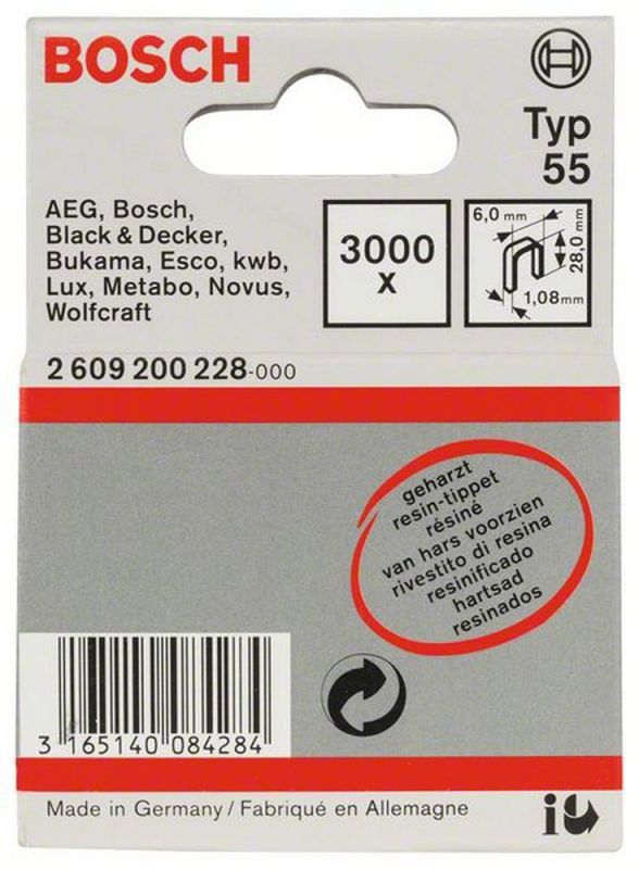 Bosch Schmalrückenklammer Typ 55, geharzt 6 x 1,08 x 28 mm, 3000er-Pack 2609200228 von BOSCH-Zubehör