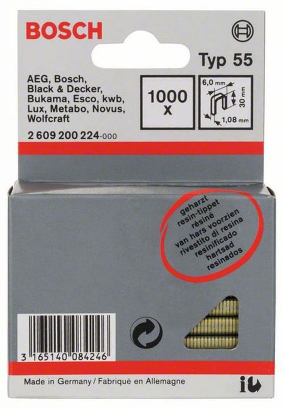 Bosch Schmalrückenklammer Typ 55, geharzt 6 x 1,08 x 30 mm, 1000er-Pack 2609200224 von BOSCH-Zubehör