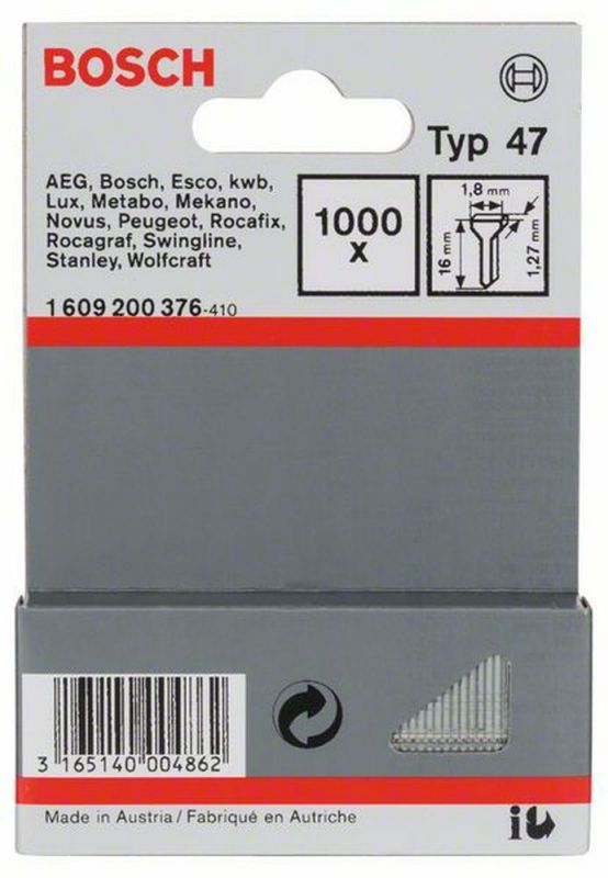 Bosch Tackernagel Typ 47, 1,8 x 1,27 x 16 mm, 1000er-Pack 1609200376 von BOSCH-Zubehör