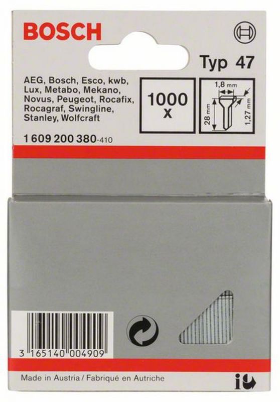 Bosch Tackernagel Typ 47, 1,8 x 1,27 x 28 mm, 1000er-Pack 1609200380 von BOSCH-Zubehör