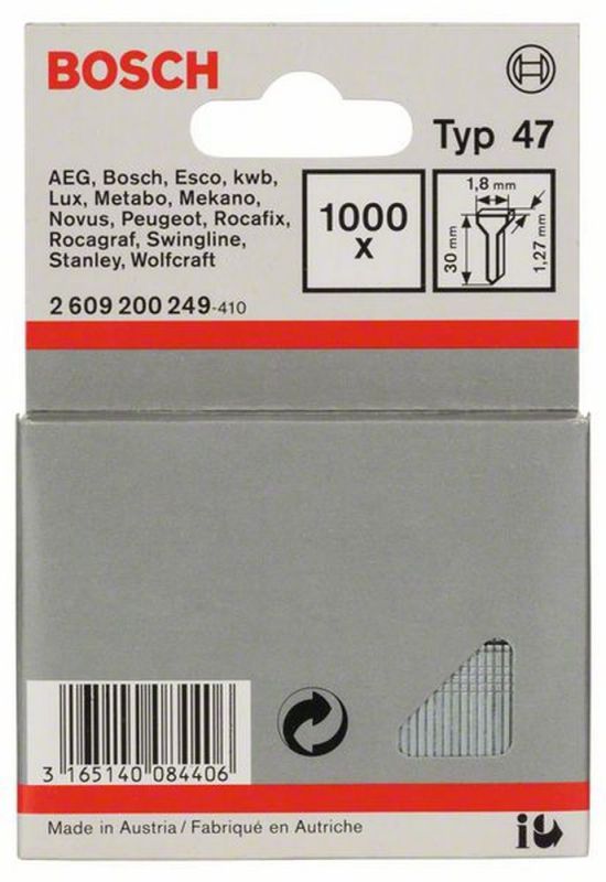Bosch Tackernagel Typ 47, 1,8 x 1,27 x 30 mm, 1000er-Pack 2609200249 von BOSCH-Zubehör
