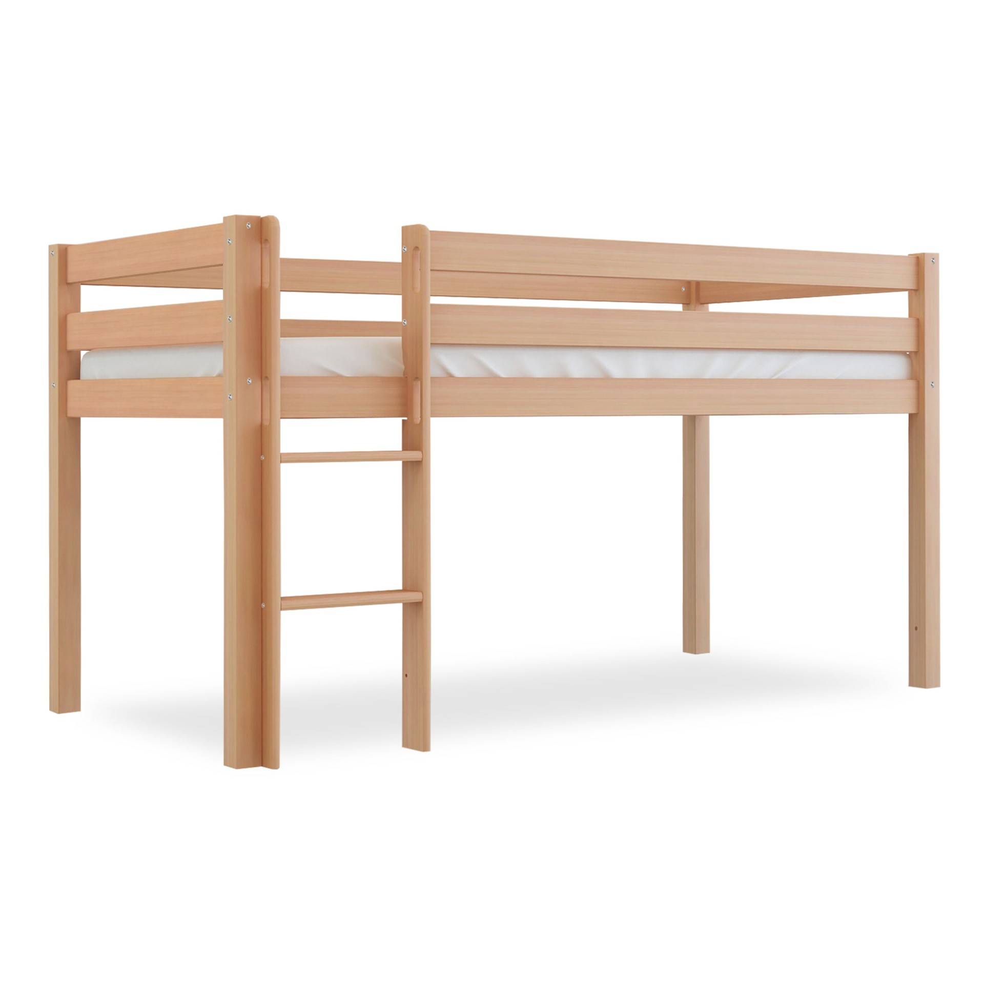 Bubema Sam – Kinder Hochbett, Buche massiv, mit oder ohne Rutsche, natur oder weiß lackiert