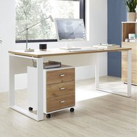 Büro Schreibtisch mit Metallkufen und Rollcontainer GENT-01 Navarra Eiche Nb. und weiß BxHxT ca. 158x75x79cm