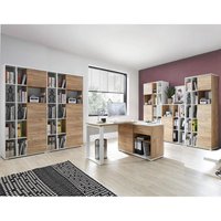 Büromöbel Set GENT-01 mit Schiebetüren in Navarra Eiche Nb. und weiß BxHxT: 425x197x40cm