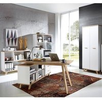 Büromöbel Set SOSLO-01 supermatt weiß, Sanremo Eiche, Schreibtisch mit Sideboard, Aktenschrank, 2 Regale