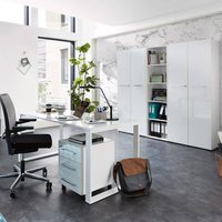 Büromöbel Set mit weißen Glasfronten MONTERO-01 Design Schreibtisch mit Glasplatte