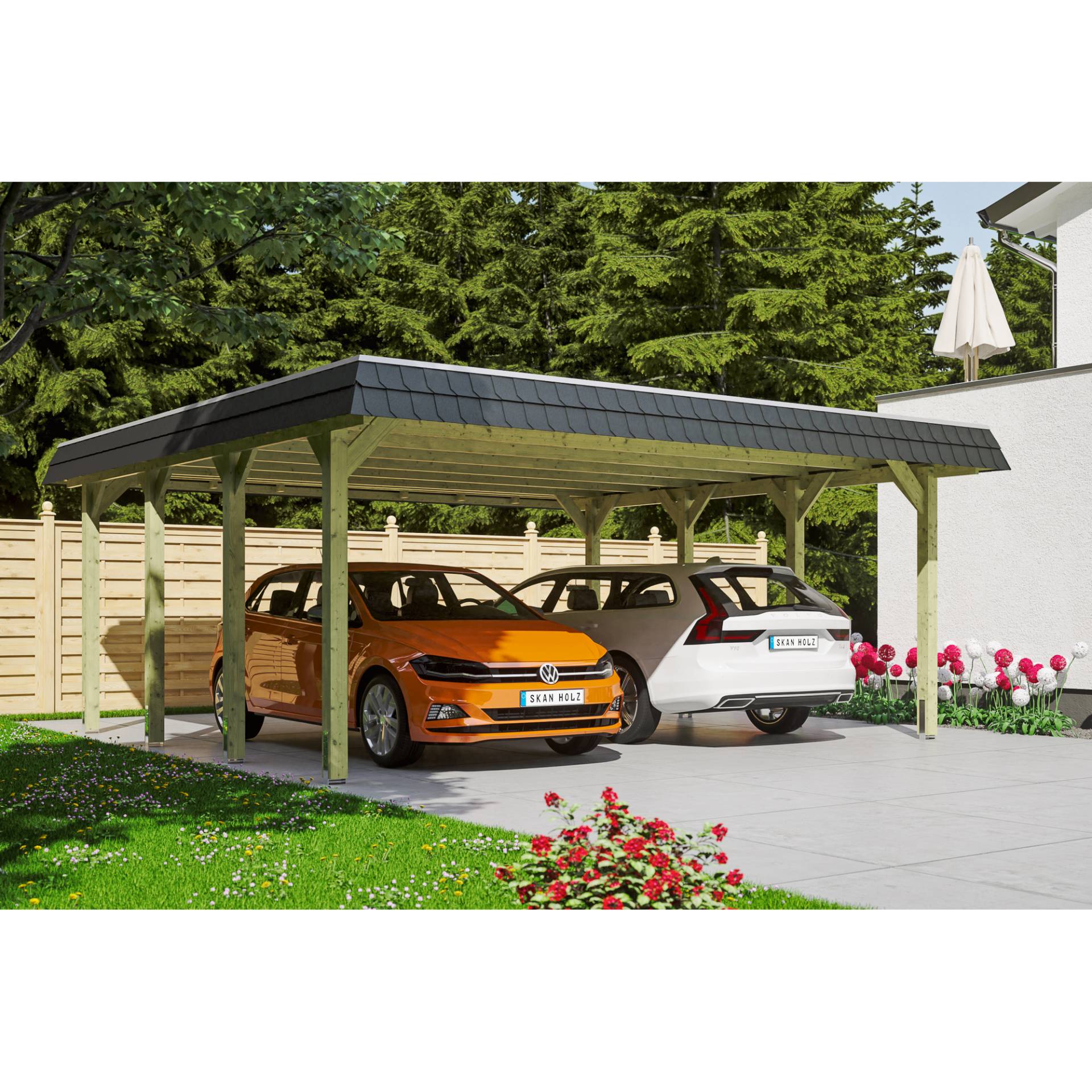 SKAN HOLZ Doppelcarport 'Spreewald' 585 x 589 cm schwarze Blende KDI imprägniert SKAN HOLZ Doppelcarport 'Spreewald' 585 x 589 cm schwarze Blende KDI imprägniert von SKAN HOLZ