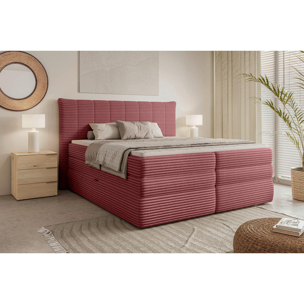 Chameo Boxspringbett, Rosa, Textil, H3, 7-Zonen, Höhe ca. 17,5 cm, 140x200 cm, FSC Mix, Oeko-Tex® Standard 100, Made in EU, Bettkasten, gepolstertes Kopfteil, Federkernmatratze, Stoffauswahl, Topper durchgehend, in verschiedenen Größen erhältlich, Matratze Härtegraden Härtegradauswahl, geteilt, Schlafzimmer, Betten, Boxspringbetten von Chameo
