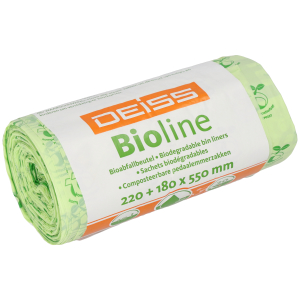 DEISS BIOLINE Bioabfallsäcke 10 Liter ecovio® Biokunststoff, Bio-Müllbeutel mit Tragegriff u. Seitenfalte, Maße (B+B x L): 220+180 x 550 mm, 1 Karton = 24 Rollen = 480 Beutel