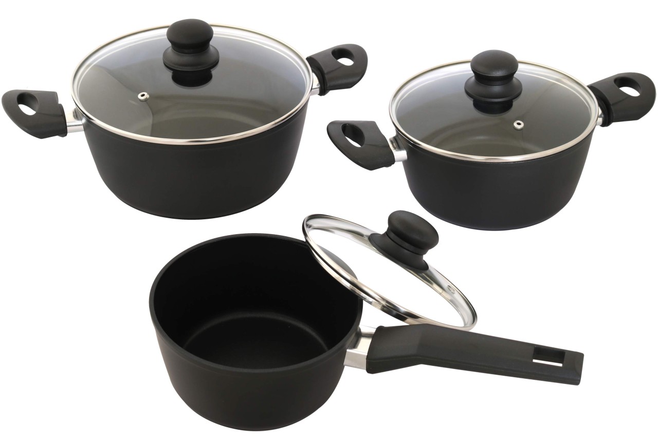 DESKI Aluminium Kochtopf Set 6-tlg. schwarz mit Glasdeckel Töpfe