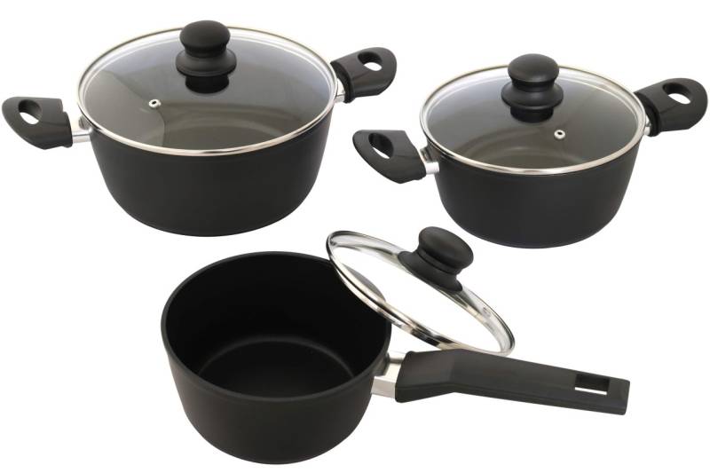 DESKI Aluminium Kochtopf Set 6-tlg. schwarz mit Glasdeckel Töpfe
