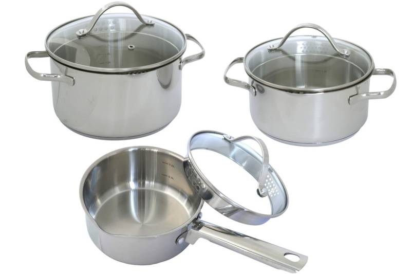 DESKI Edelstahl Kochtopf Set 6-tlg. mit Ausgießtülle und Glasdeckel Töpfe