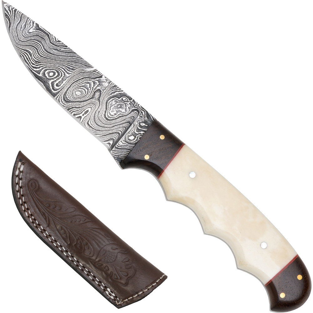 Damast Messer Damastklinge Griff aus Horn und Holz + schöne Lederscheide