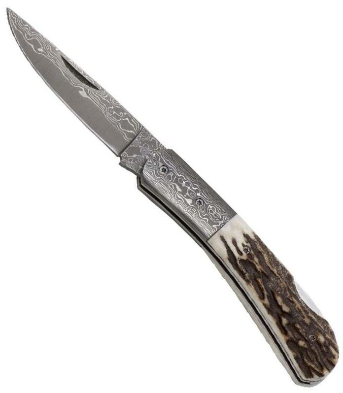 Damast-Taschenmesser mit Hirschhorngriff Zweihandmesser Holzbox von Haller Damast