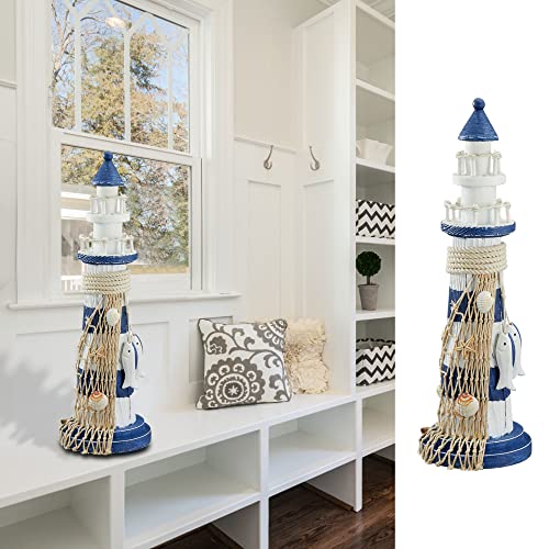 Cepewa Leuchtturm aus Holz | H 33 cm | blau weiß | mit Fischen und Netz | Deko im maritimen Design von Cepewa