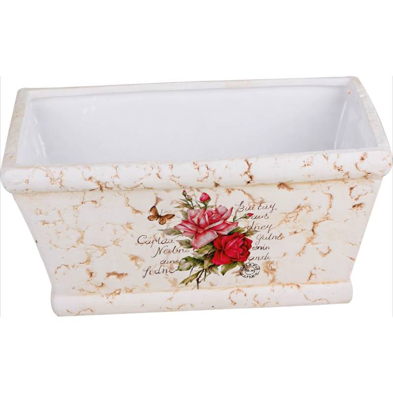 Deko-Pflanzkasten mit Rosenmotiv 11 cm x 22 cm x 13 cm Creme