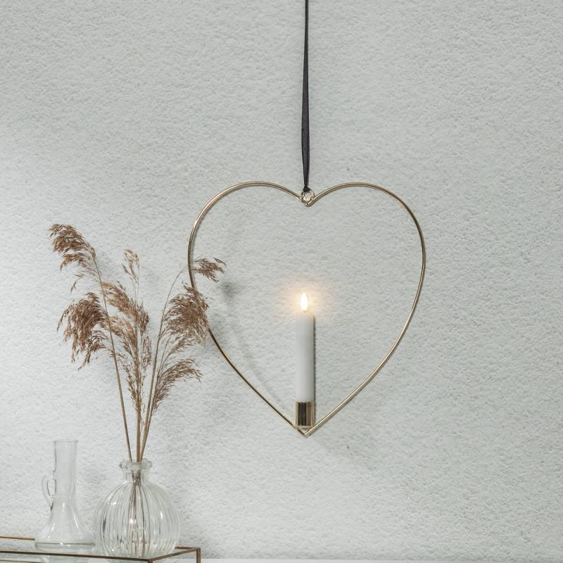 Dekoherz mit LED Kerze Flamme  - Kerzenhalter - mit Aufhänger - hängend - Timer - Batterie - gold von MARELIDA