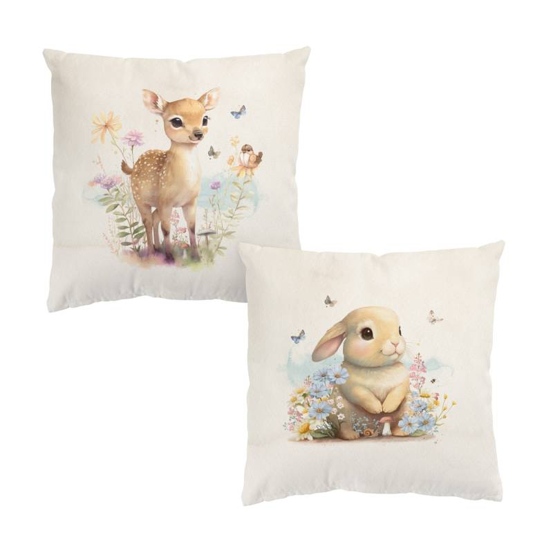 Dekokissen 2er Set Hase und Rehkitz auf Blumenwiese